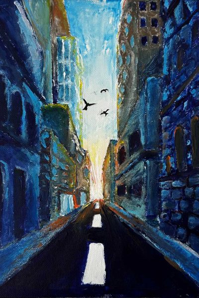 Embracing Tomorrow Student artwork of an urban landscape with birds